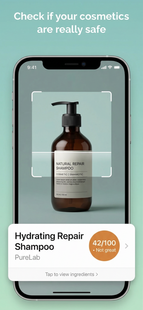 Yuka AI: Food & Cosmetic Scan - A smartphone scanning a shampoo bottle to display a cosmetic safety score of 42 out of 100