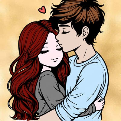 a realistic couple boy and girl hugging and kissing