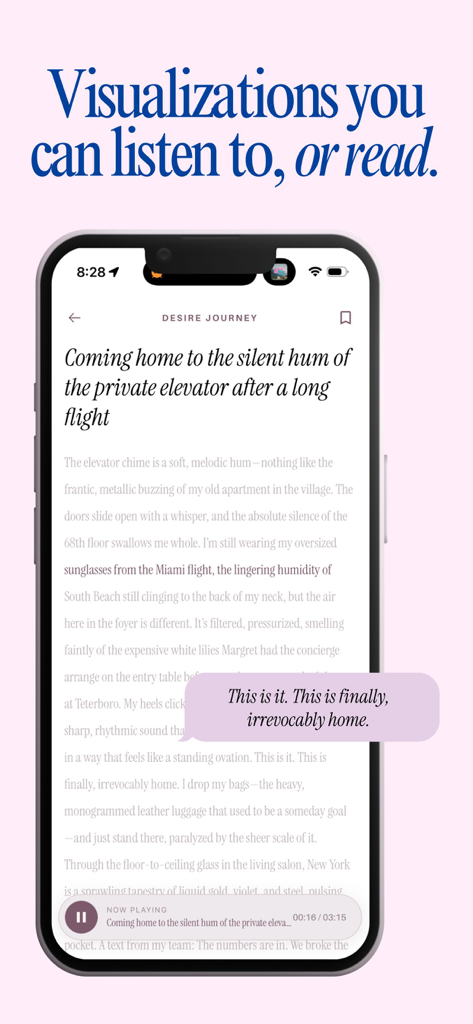 Stella app showing a text script and audio player for a personalized manifestation narrative about a dream life.