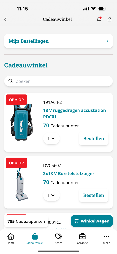 My Makita app gift shop screen showing power tools available for purchase with points