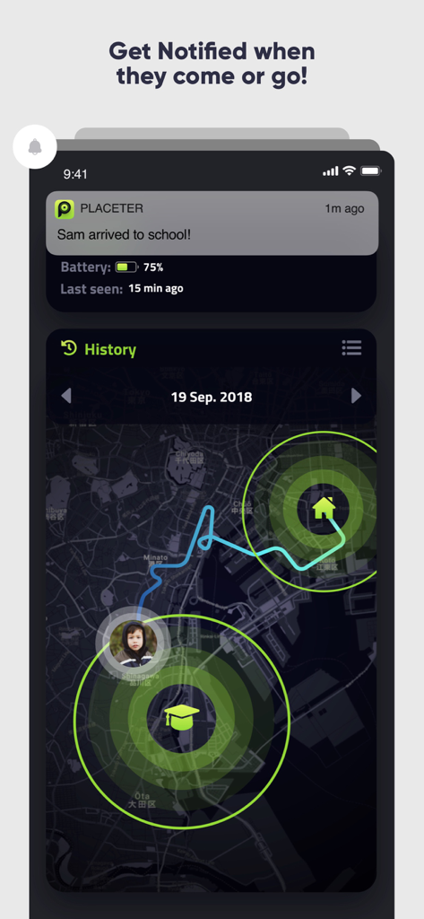 Placeter app screen showing a map with location history and a notification of a child arriving at school