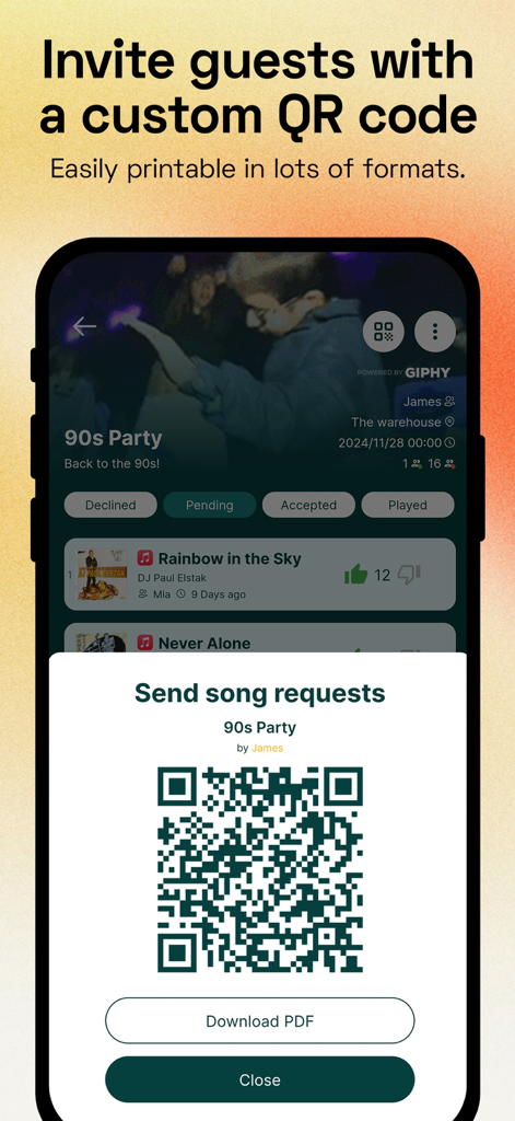 Rekwest - Song requests - Mobile screen of Rekwest app showing a custom QR code for guests to send song requests at a 90s party