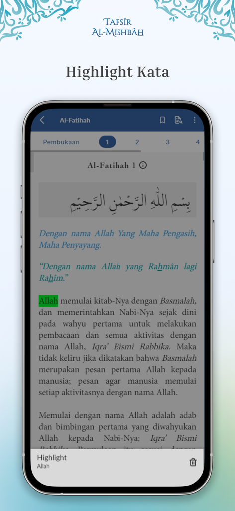 Tafsir Al-Misbah - A screenshot of the Tafsir Al-Misbah app interface showing the word highlight feature within an Indonesian Quranic exegesis text.