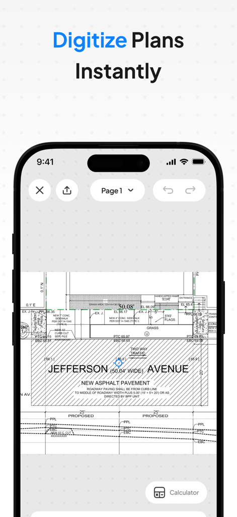 Planformer – Smart Takeoffs - Planformer app interface displaying a digitized construction site plan on a smartphone screen.