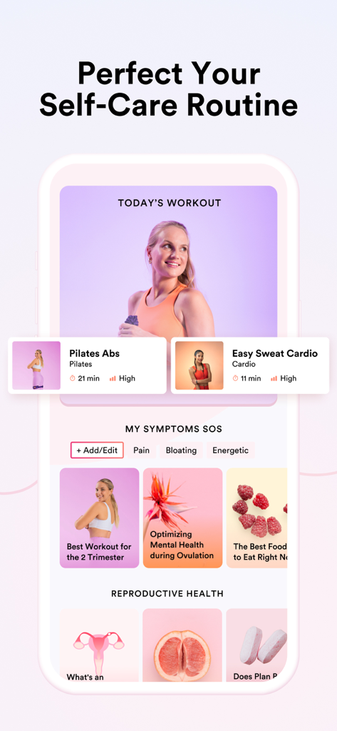 IVY Period & Pregnancy Tracker - IVY app interface showing personalized workouts, symptom tracking, and reproductive health articles.