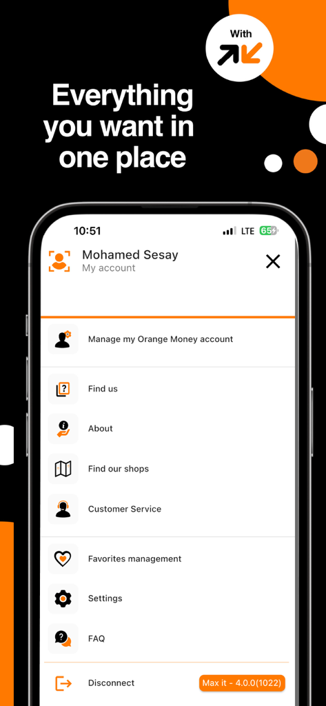 Orange Max it - Sierra Leone - Orange Max it app account management menu showing Orange Money and customer service options