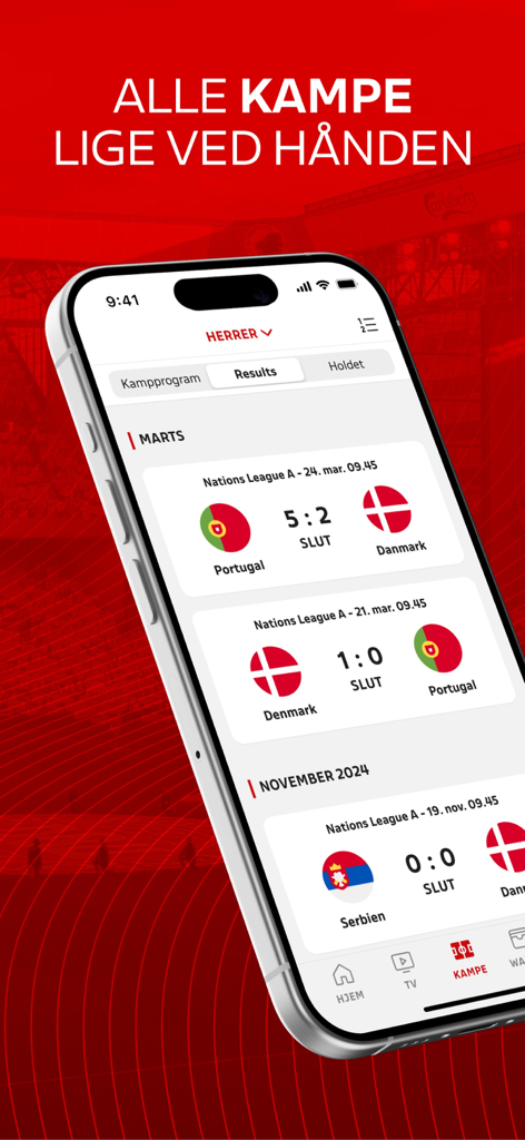ForDanmark - Smartphone screen showing soccer match results for the Danish National Team on the ForDanmark app.
