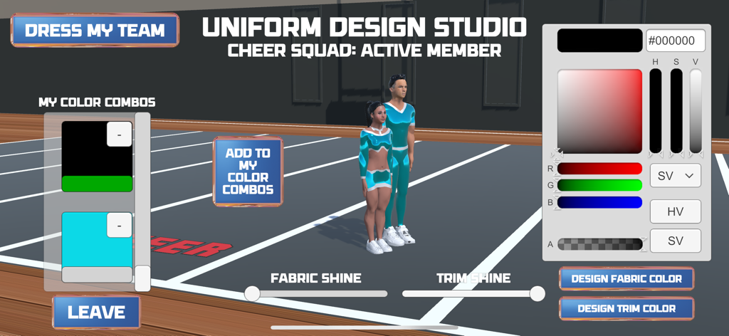 CHEER Official 3D - A screenshot of the Uniform Design Studio in CHEER Official 3D showing character customization with color pickers and fabric shine options