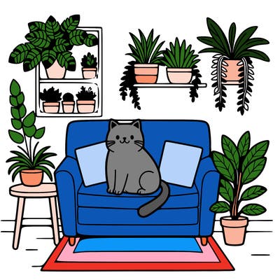 cat on a sofa in a room full of plants
