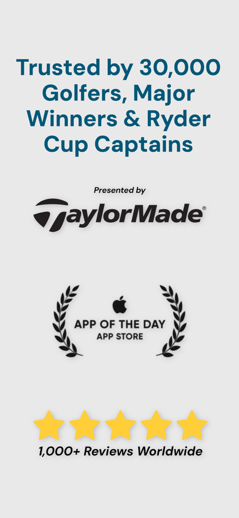Promotional screen for Mind Caddie showing TaylorMade logo, App Store App of the Day award, and 5-star ratings.