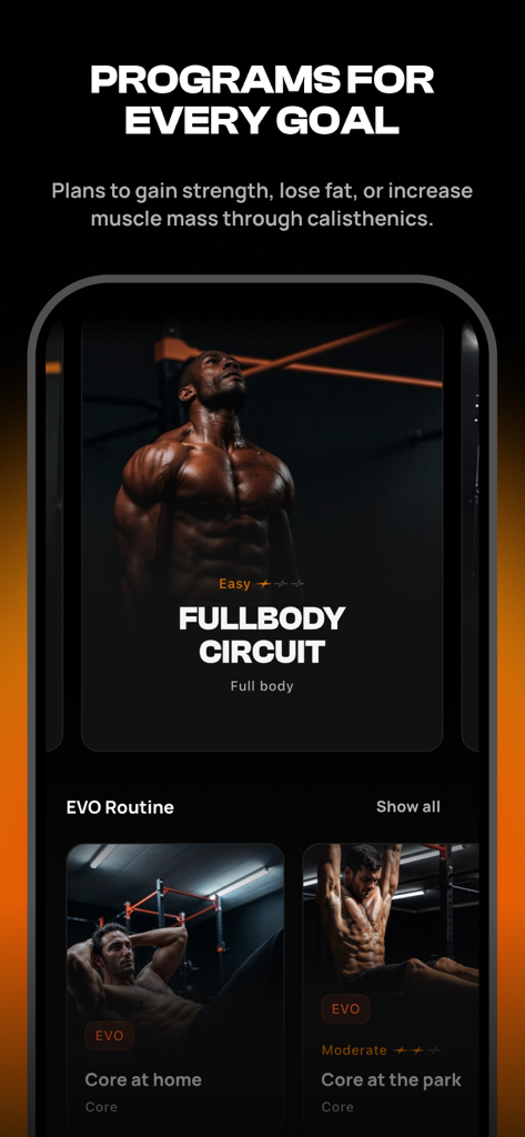 Calisteniapp: Fit & Strong - Screenshot von Calisteniapp, der verschiedene Trainingsprogramme wie Ganzkörper-Zirkeltraining und Core-Routinen zeigt