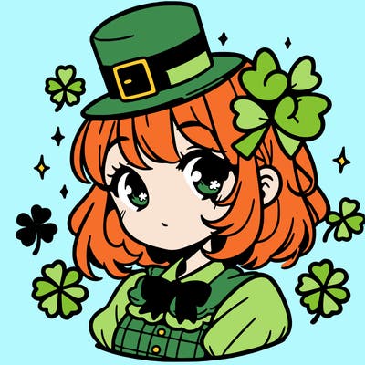 a manga-style girl with clovers around her, a little hat in her hair, like it's saint patrick's day