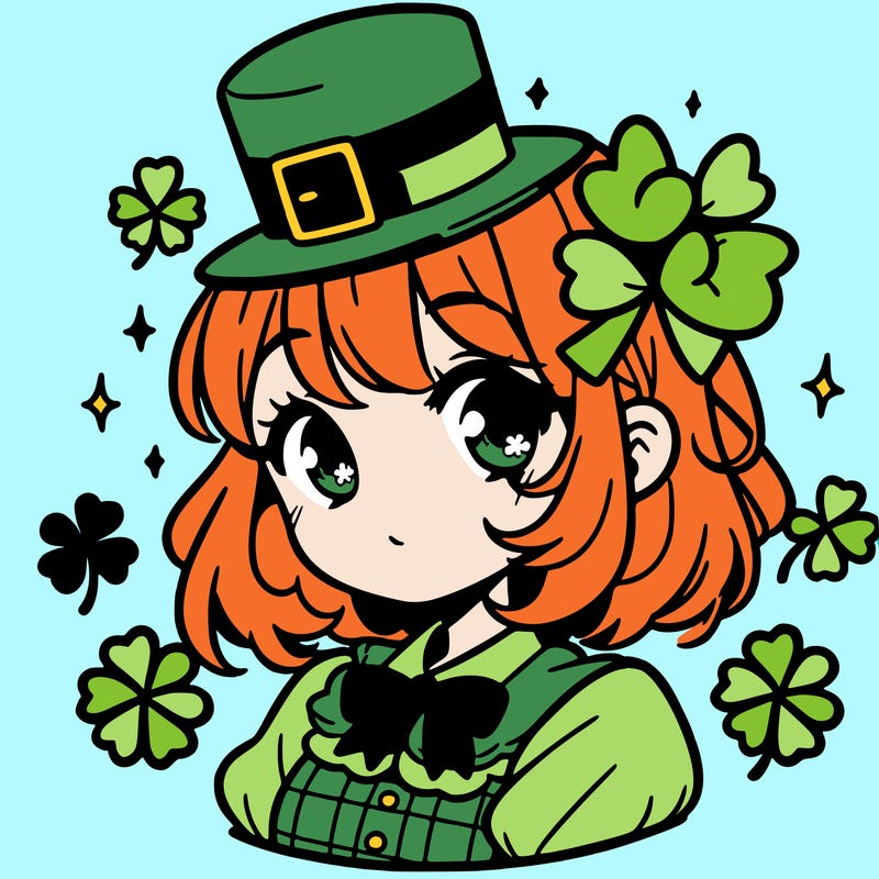 a manga-style girl with clovers around her, a little hat in her hair, like it's saint patrick's day