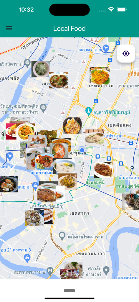 Un mapa de Bangkok con recomendaciones de comida local curadas con íconos de fotos de restaurantes.