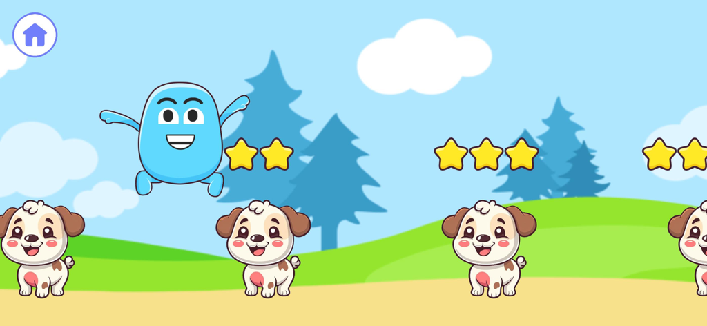 Personagem azul pulando sobre filhotes com estrelas de conquista em uma paisagem colorida.