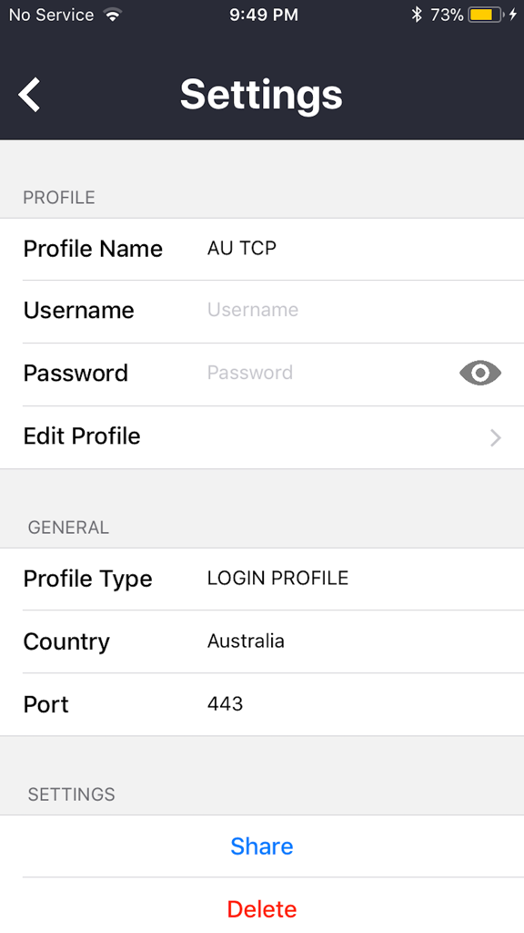 OpenTunnel - OpenTunnel app settings screen showing VPN profile details and configuration options