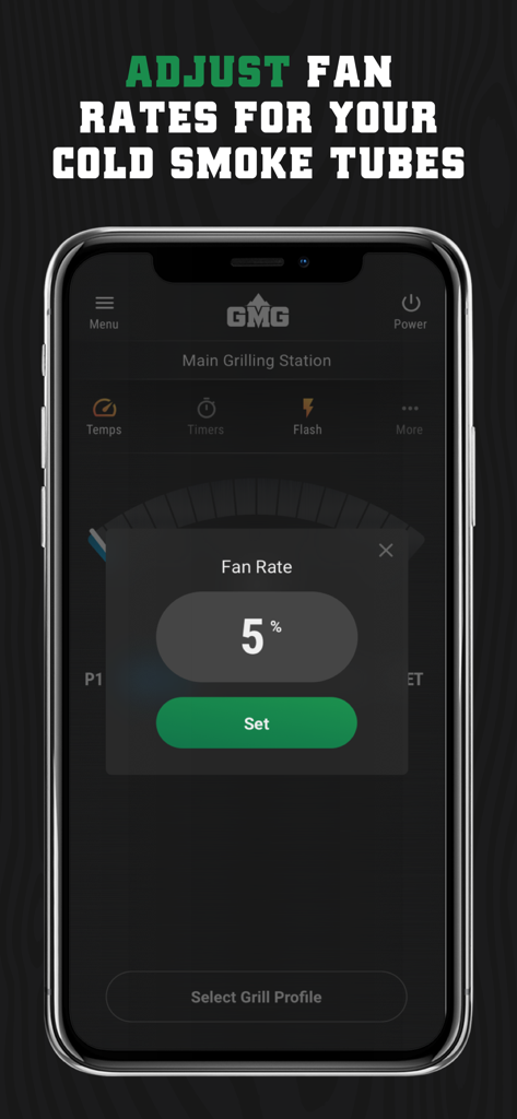 GMG Prime App - Oberfläche der GMG Prime App, die die Einstellung der Lüftergeschwindigkeit für Kaltrauchrohre zeigt