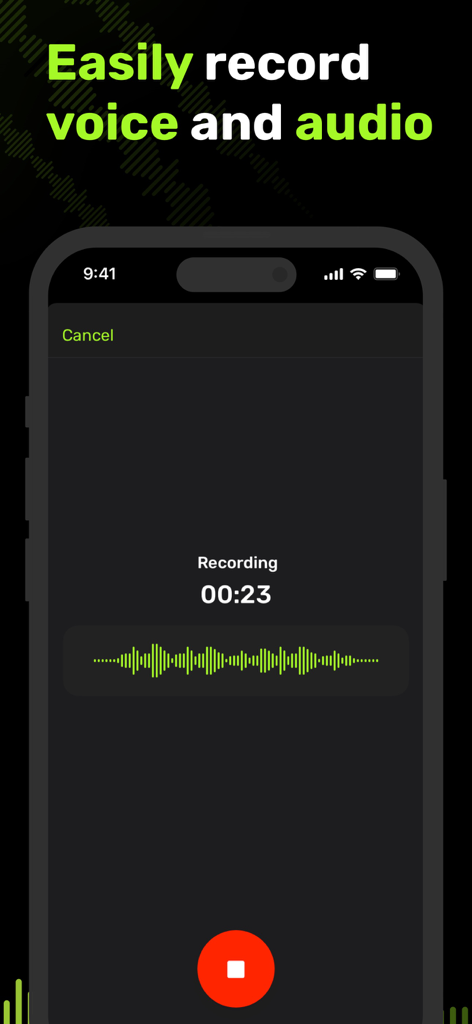 VoiceRec: AI Vocal Recorder - VoiceRec app recording screen with a waveform and stop button