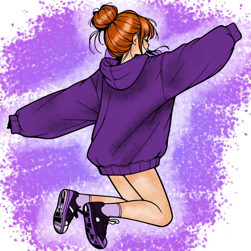 realistic girl jumping with a bun and oversized sweatshirt