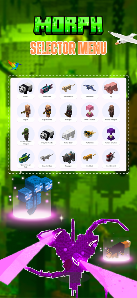 Morph Addons Maker for MCPE - Morph selector menu interface showing a grid of different Minecraft mobs available for player transformation.