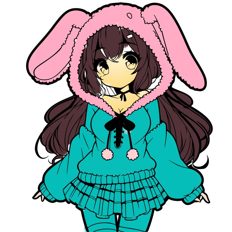 pretty anime girl wearing a fluffy hoodie with bunny ears on the hood and a skirt