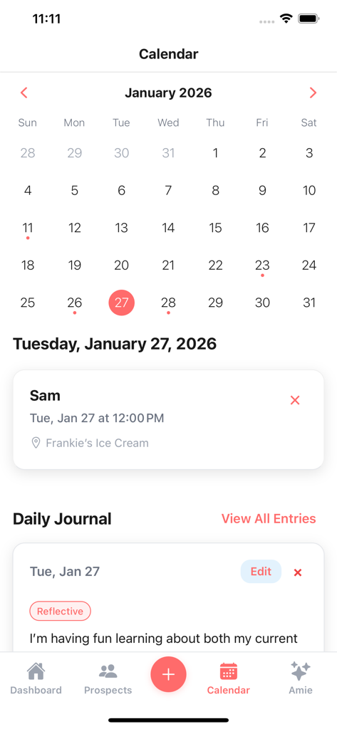 Heartlog - Dating Journal - Heartlog app calendar screen showing a scheduled date at an ice cream shop and a reflective daily journal entry.