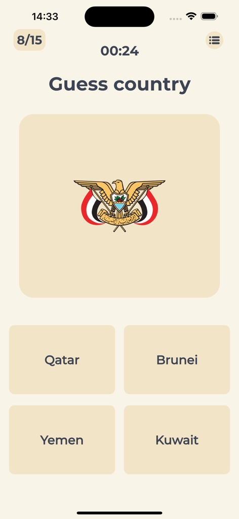 Guess the Flags - of the World - Tela de quiz de um aplicativo móvel perguntando para adivinhar o país com base em seu brasão.