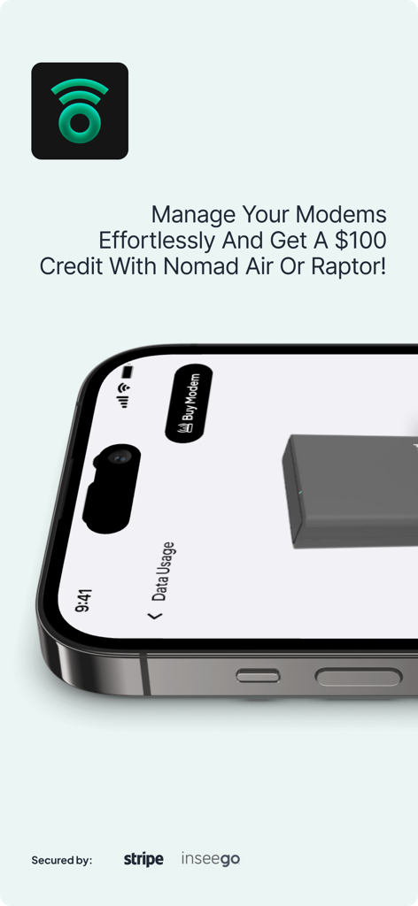 Nomad Internet Oasis App-Oberfläche für die Modemverwaltung und ein Angebot für ein 100-Dollar-Guthaben für Nomad Air oder Raptor Hardware.