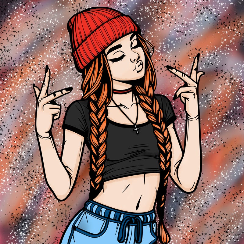 realistic teenage girl with braids and a beanie and crop top doing 🫶🏼