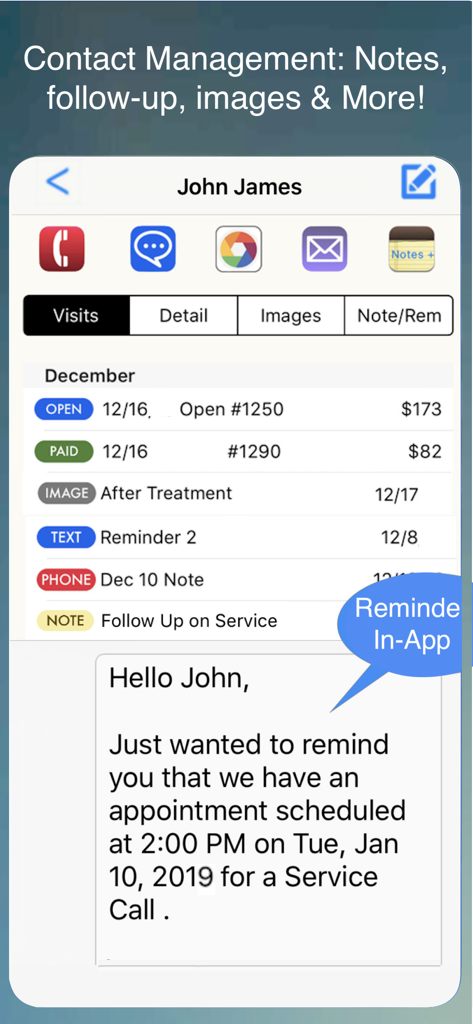 Landscaper & Tree Pro Business - Screenshot of the Landscaper and Tree Pro Business app showing contact management with client history and in-app appointment reminders