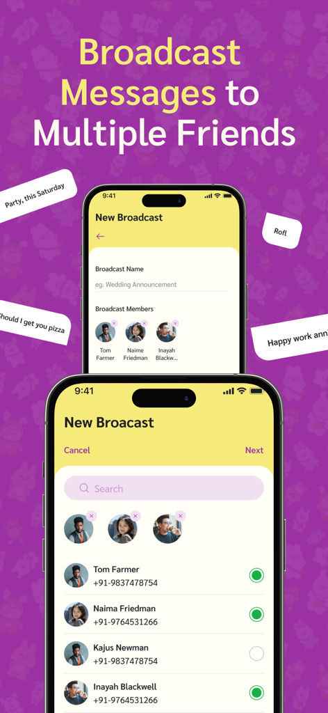 Video Chat — Tokee - A screenshot of the Tokee app showing the process of creating a new broadcast message to multiple friends.
