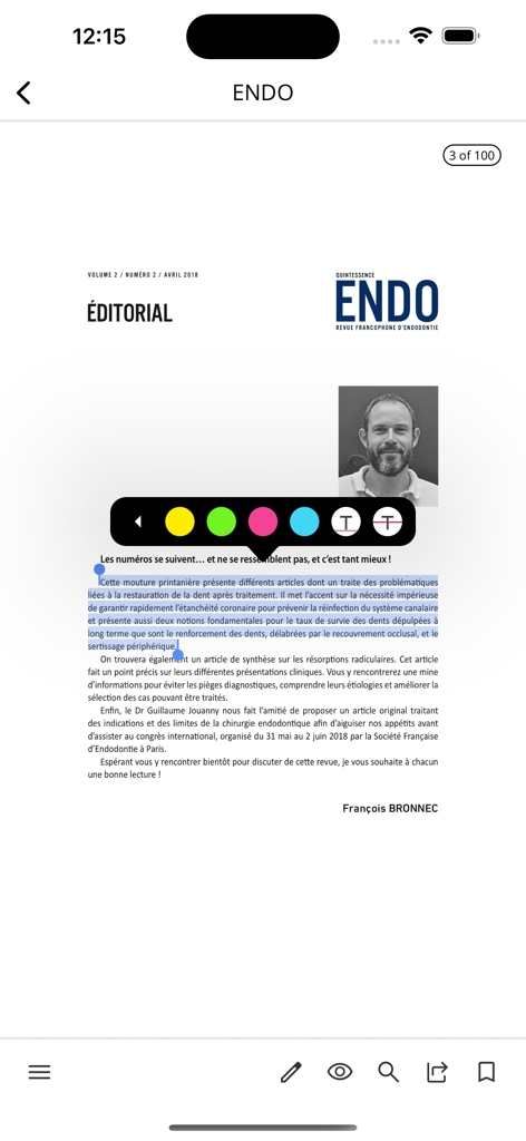 Quintessence Journals - Captura de pantalla de la aplicación Quintessence Journals que muestra un editorial de revista dental con resaltado de texto y herramientas de anotación