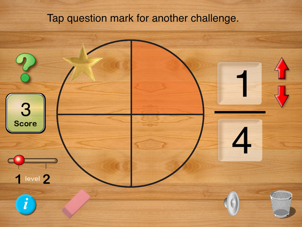 Fraction Toolkit - Fraction Toolkit app interface showing a pie chart representing one fourth and a student score