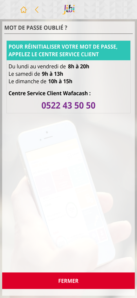 Forgot password screen in the Jibi Pro app showing Wafacash customer service phone number and operating hours