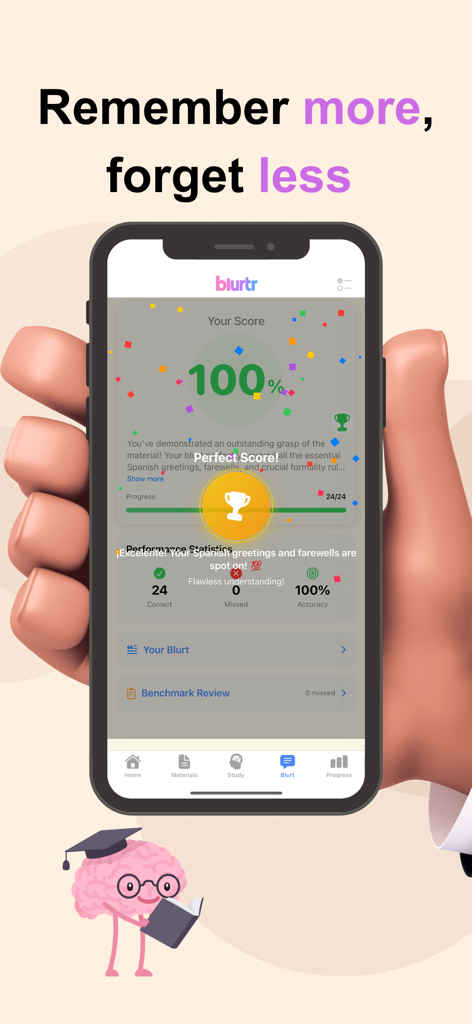 Blurtr: Study & Blurt - Blurtr mobile app showing a one hundred percent perfect score screen with a celebratory trophy icon and a cartoon brain mascot reading a book.