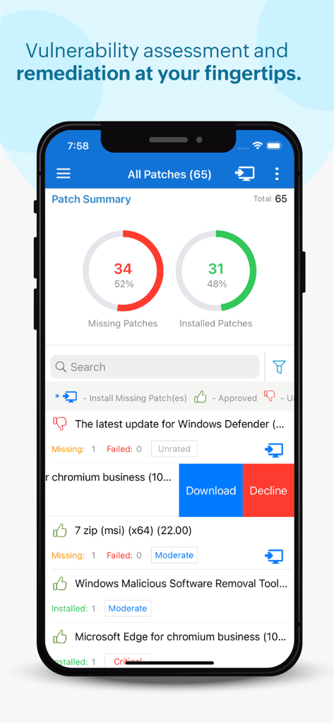 Endpoint Central - Endpoint Central mobile app displaying patch summary dashboard with missing and installed patches statistics