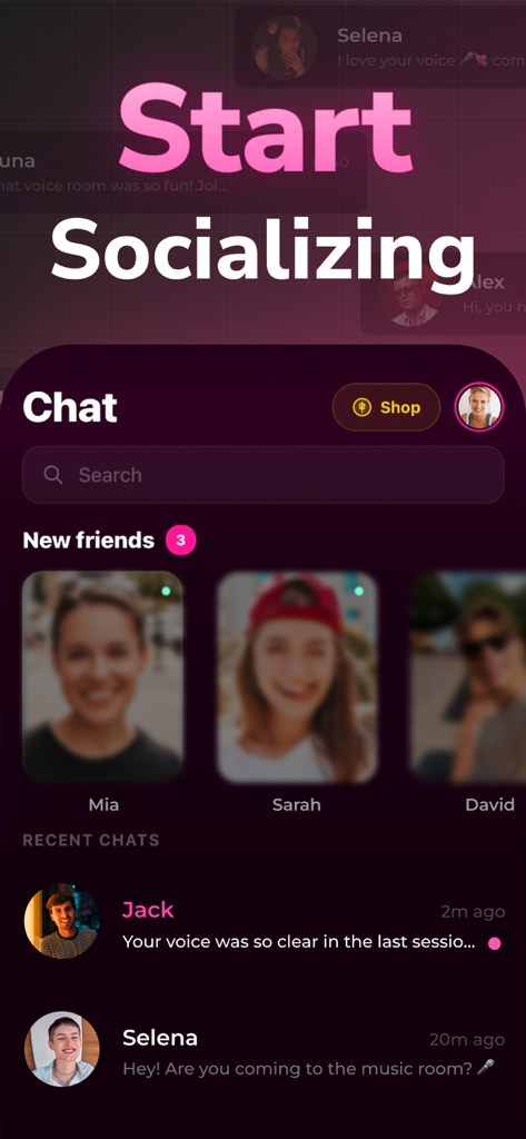 Pink Chat: Make New Friends - 핑크챗 앱 화면에 소셜 연결 및 메시지 기록이 표시됩니다