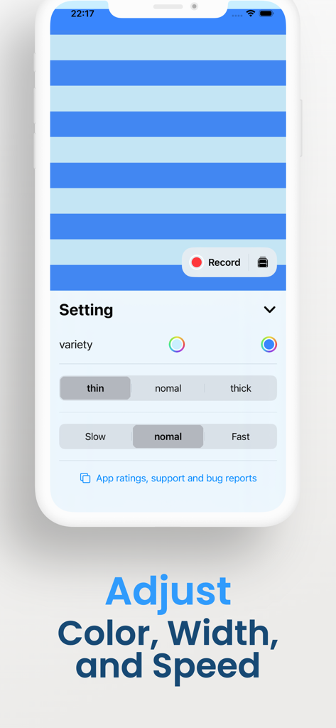 Interface of the OKN Viewer app showing settings to adjust stripe color, width, and speed for nystagmus observation
