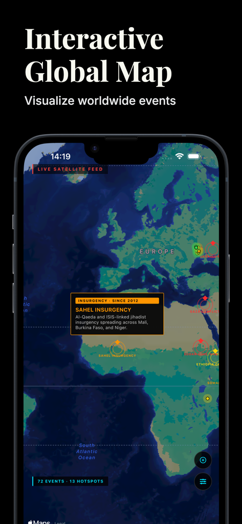 World Monitor: Real-Time Intel - A screenshot of the World Monitor app's interactive global map showing real-time geopolitical events and conflict hotspots across Africa and Europe.
