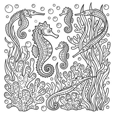 Explore a vibrant underwater world filled with graceful seahorses, slender pipefish, and abundant ocean life. This charming coloring page for kids aged 4-8 offers a delightful creative journey into the depths.
