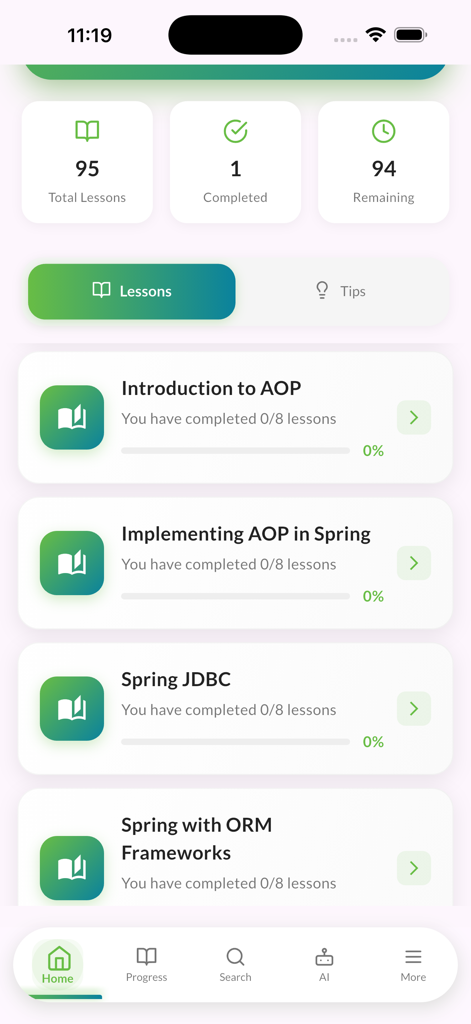 Dashboard der Learn Spring Java App, das den Kursfortschritt und Lektionsmodule für Spring-Framework-Themen wie AOP und JDBC anzeigt