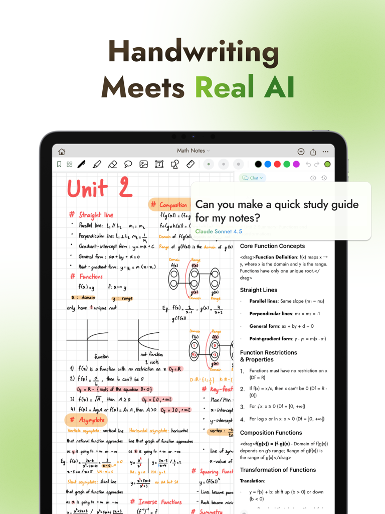 Matcha - Take AI Notes - iPad displaying handwritten math notes with an integrated AI chat interface creating a study guide