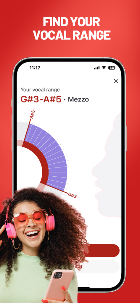 StarMaker Lite-Sing Karaoke - Une femme utilise l'application StarMaker Lite pour identifier sa tessiture vocale en tant que chanteuse mezzo-soprano.
