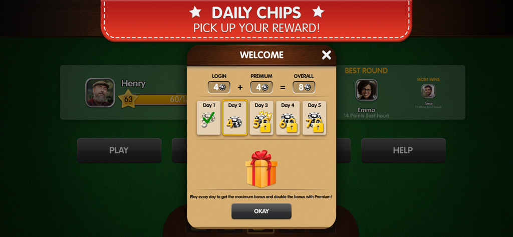 Gin-Rummy Palace - Daily chips reward screen in Gin-Rummy Palace showing login and premium bonuses