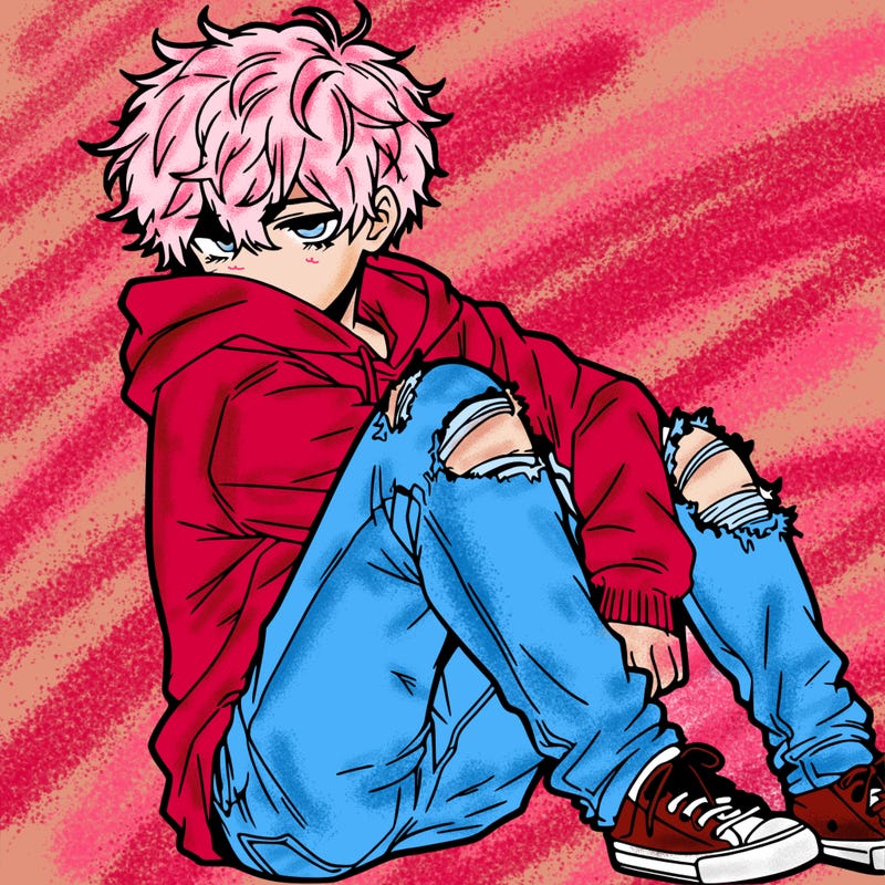 a male hoddie ripped jeans messy hair anime