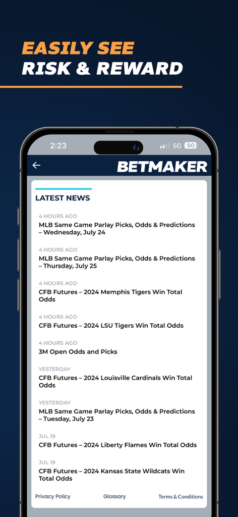 BetMaker™ Sports Odds - Screen showing latest sports news and predictions within the BetMaker app.
