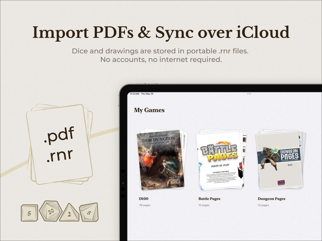 iPad interface of the Roll N' Write app showing a library of imported print and play game PDFs like D100 Dungeon and Battle Pages.