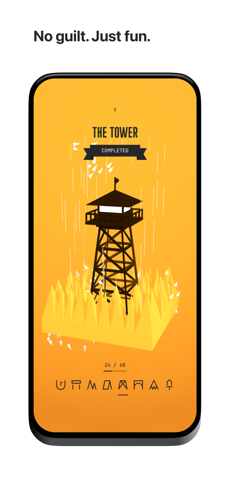 (Not Boring) Habits - A minimalist habit tracking screen featuring a stylized tower illustration on a bright yellow background with the text No guilt Just fun
