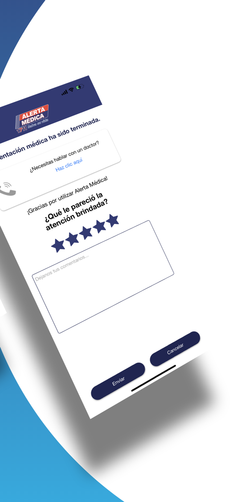 Pantalla de comentarios post-consulta de la aplicación Alerta Médica con calificación por estrellas y sección de comentarios