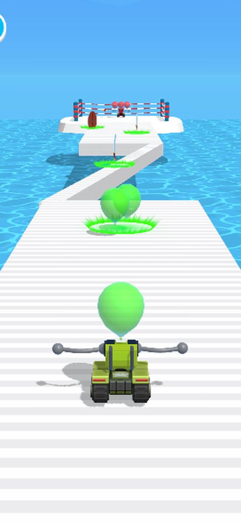 Balloon Clash!! - A green vehicle with a balloon moving on a white path over the ocean in Balloon Clash.